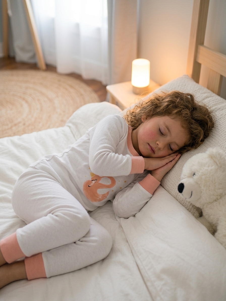 Little girl asleep in the Elegant Swan pajama set beside a teddy bear