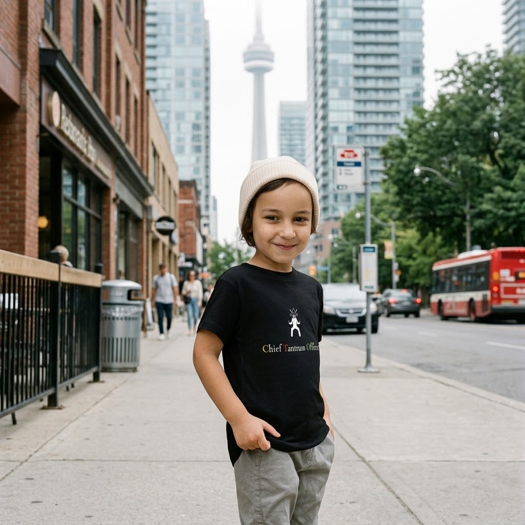 Kid wearing the Chief Tantrum Officer black tee on a city sidewalk