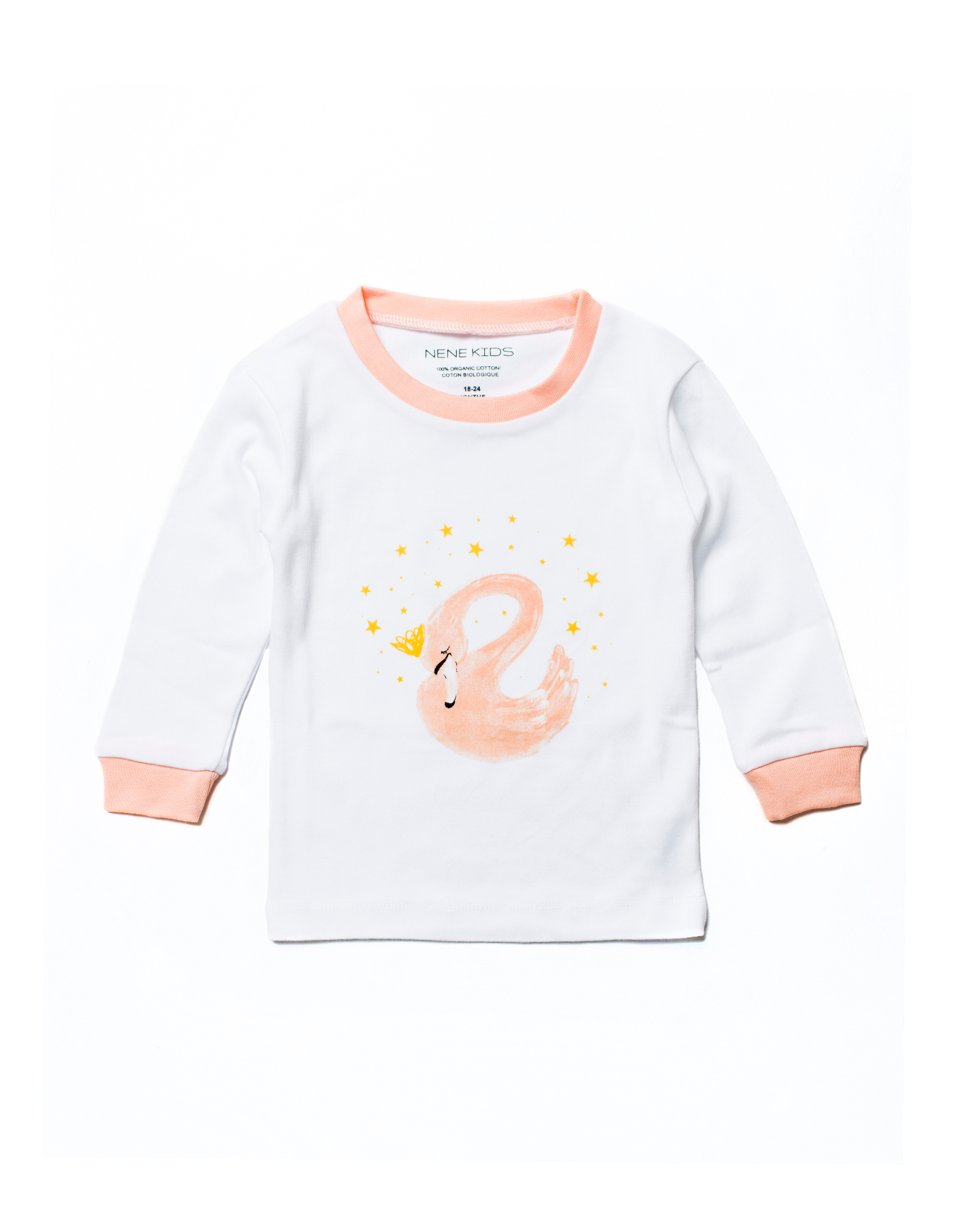 Nene Kids Pink Swan pajama top with peach ribbed neck and cuffs