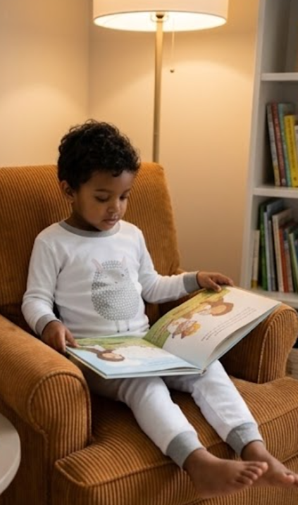 Boy in the Nene Kids Lamb pajama set reading in a corduroy armchair