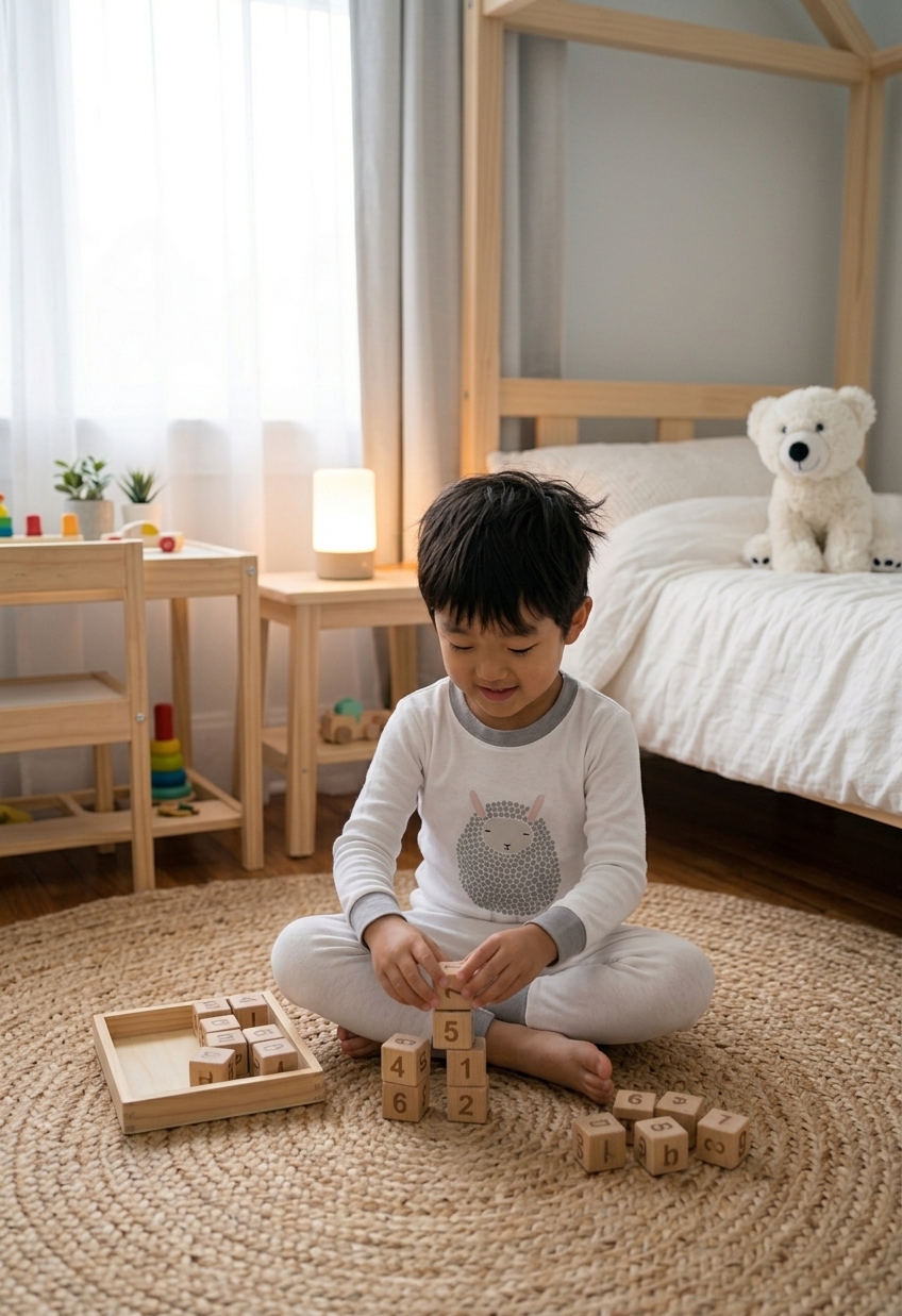 Boy in the Nene Kids Sleepy Lamb pajama set playing with wooden number blocks
