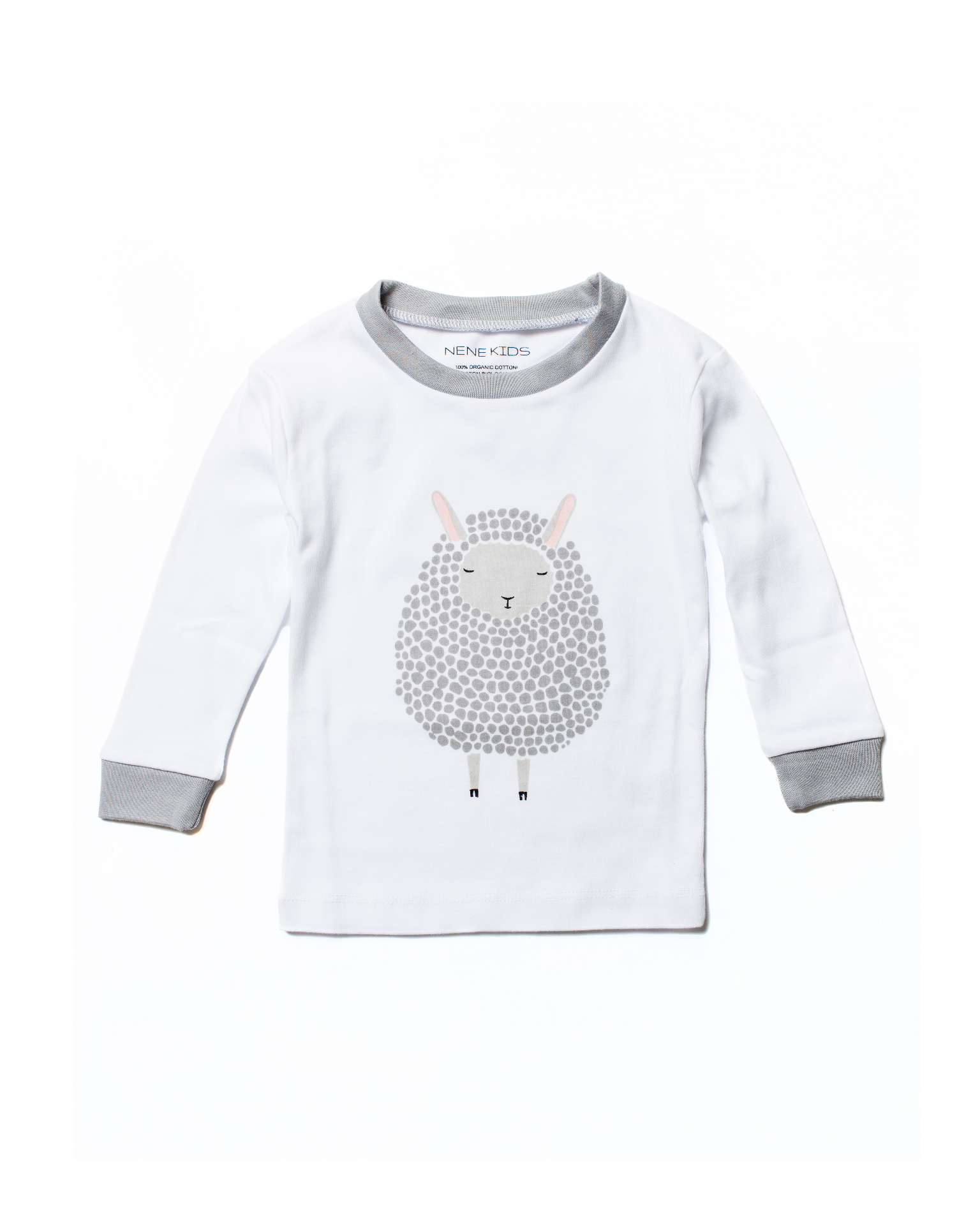 Nene Kids Lamb pajama top with grey ribbed neck and cuffs