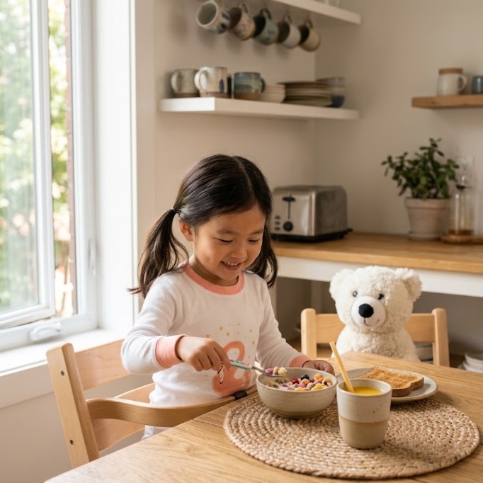 Little girl in the Elegant Swan pajama set enjoying breakfast in a sunny kitchen
